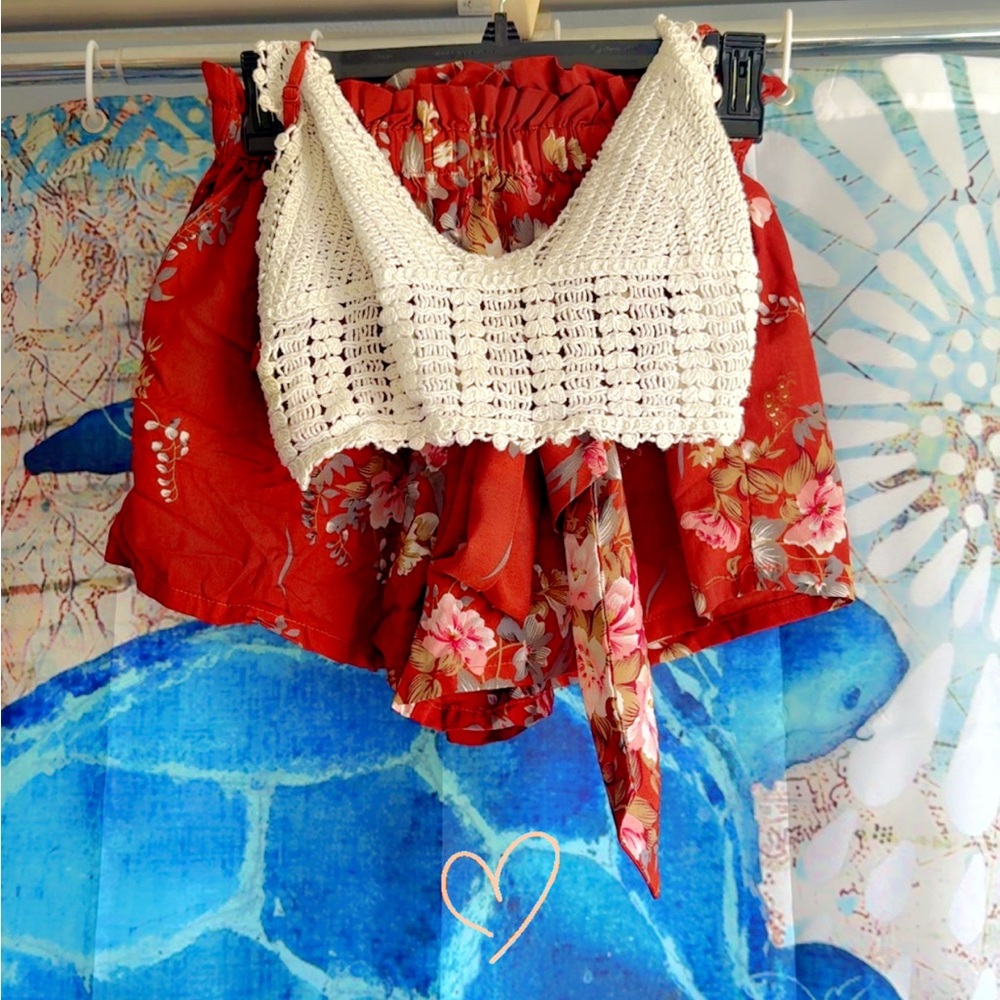 Brownish red Floral Skirt with Crochet Top